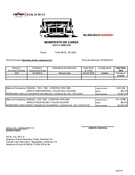 Manifiesto De Carga 20961 Oficial No 002 01 00020961 Fecha 13 De