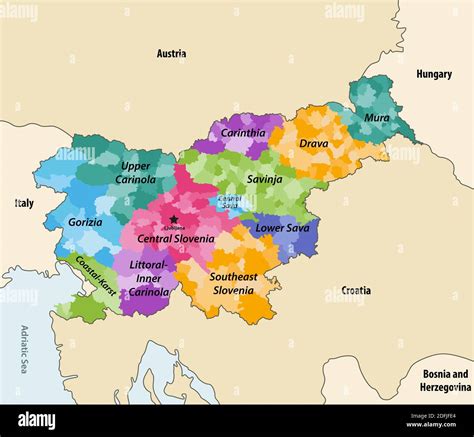 Municipalities of Slovenia colored by statistical regions vector map ...