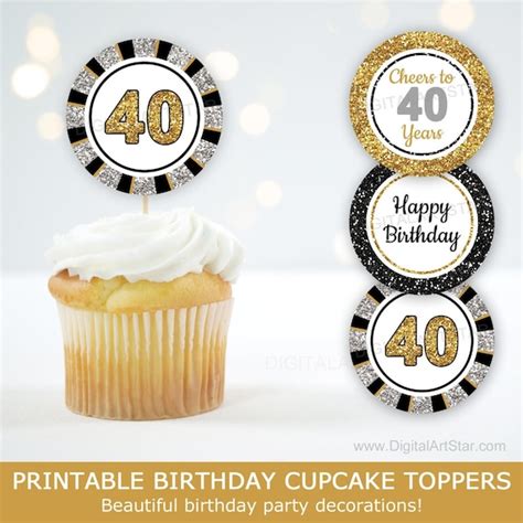 Th Birthday Cupcake Toppers Printable Black Gold And Silver Birthday