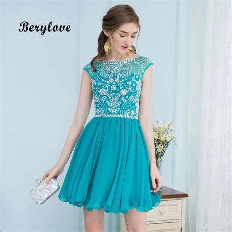 Berylove Short Teal Homecoming Dresses 2018 Mini Beaded Chiffon