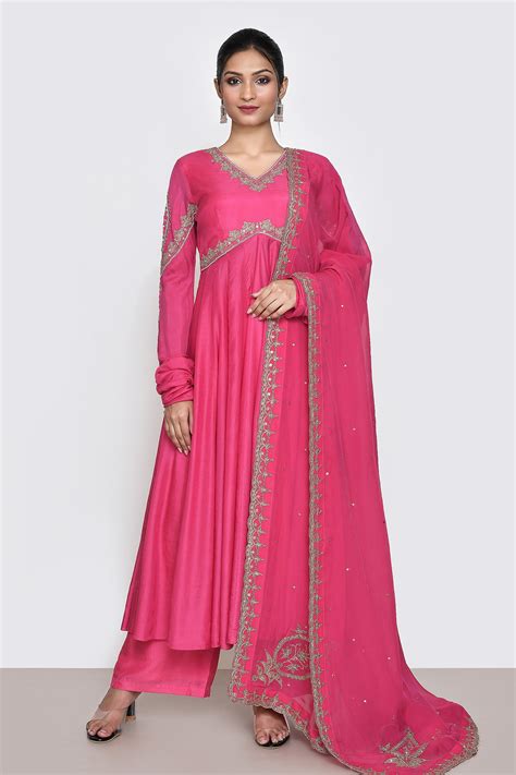 Buy Pink Embroidered Floral V Neck Anarkali Set For Women By Paulmi And