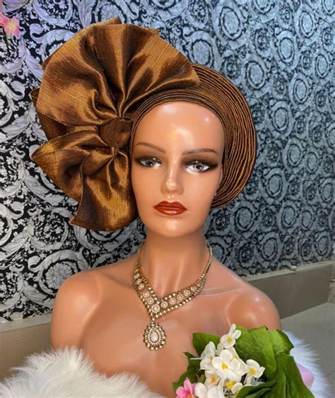 Autogele Aso Oke Pre Tied African Headwrap Orange And Black Mix Aso