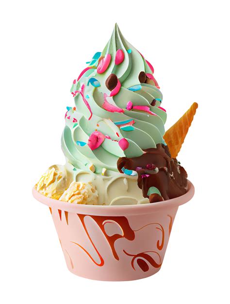 Tasty Colorful Ice Cream Cup With Syrups And Fruits On Transparent