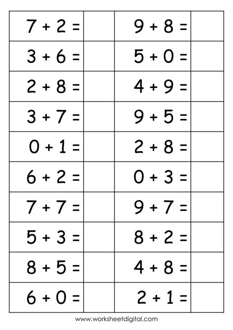 1 Digit Math Addition Worksheets