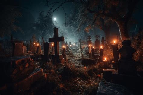 A graveyard with a moonlit night in the background | Premium AI ...