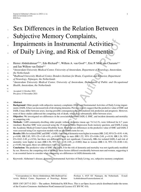 Pdf Sex Differences In The Relation Between Subjective Memory