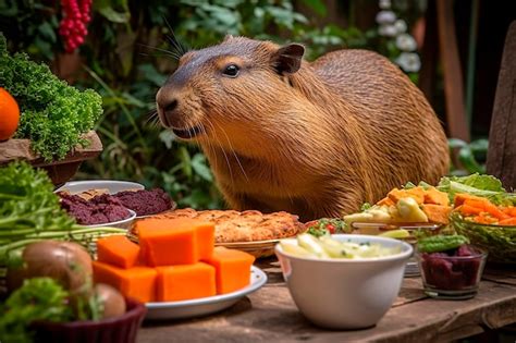 Premium AI Image | A giant capybara sits at a table full of food.