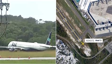 Avião da Azul ultrapassa limite de pista e para em matagal durante