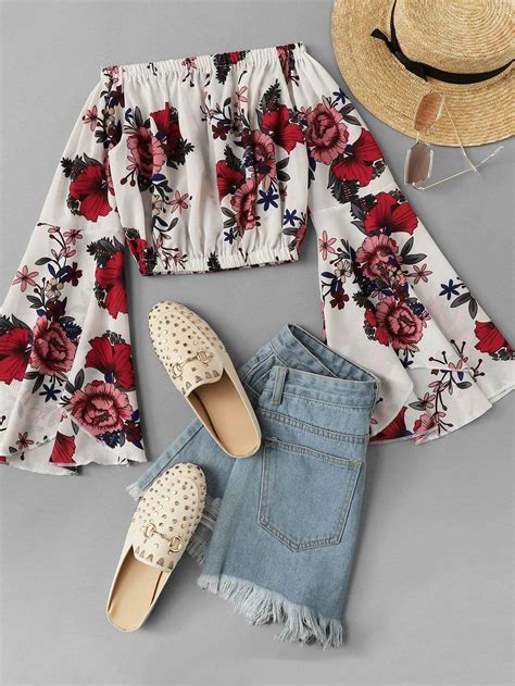 Flounce Sleeve Floral Bardot Crop Top Shein Usa