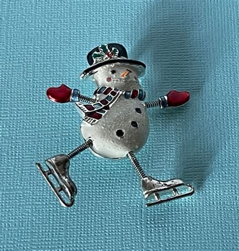 Vintage Snowman Brooch Christmas Brooch Skating Sno Gem