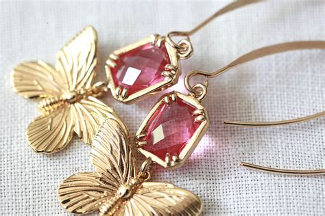 Rosa Edelstein mit Gold Schmetterling Ohrhänger Etsy