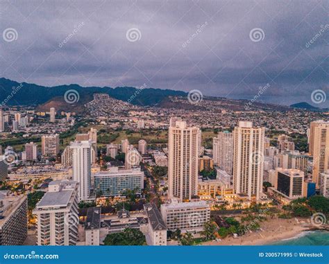 Aerial View of the Honolulu City Skyline on a Bloomy Day Stock Image ...