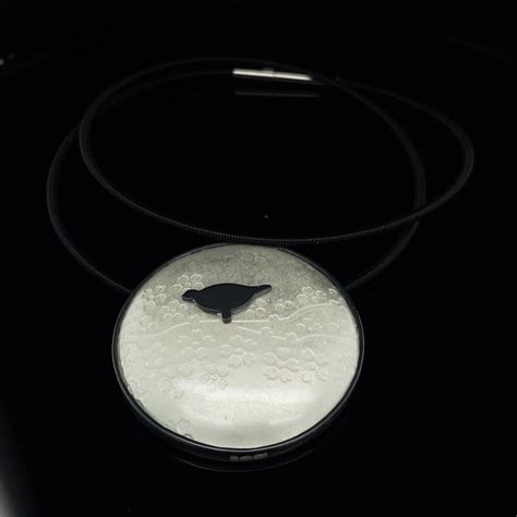 Jane Moore Contemporary Silver White Enamel Round Bird Necklace By