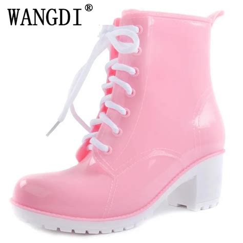 2017 NEW Rain Boots Women Ankle Boots Platform High Heels Rubber Shoes Woman Lace Up Rain boots ...