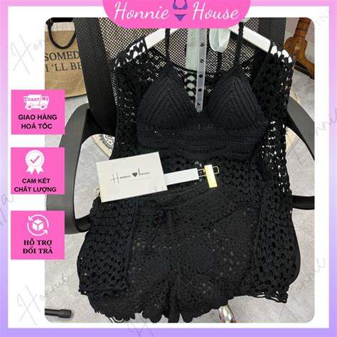 Set bikini len sợi móc đi biển màu đen quyến rũ chi tiết gồm áo bra lượn sóng quần sooc áo