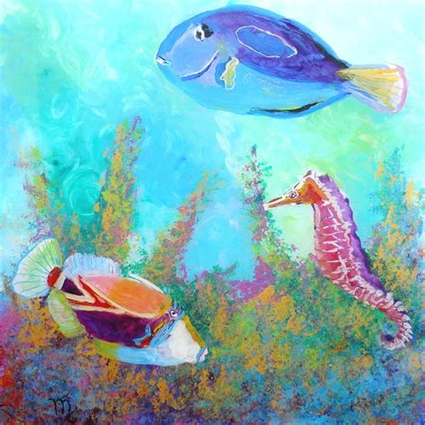 Hawaiian Tropical Fish Art, Square Print, Trigger Fish Art, Seahorse Art, Ocean Paintings ...