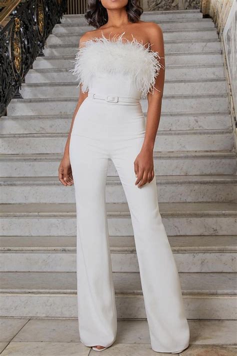 Chic White Feather Womens Strapless Jumpsuit In 2023 Jumpsuits For