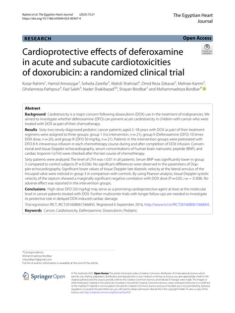 PDF Cardioprotective Effects Of Deferoxamine In Acute And Subacute