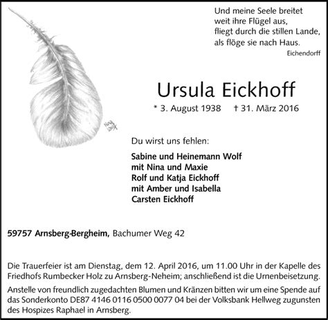 Traueranzeigen Von Ursula Eickhoff Trauer In Nrw De