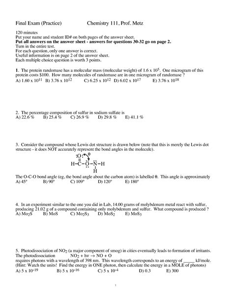 Chem111 Final Practice Exam Final Exam Practice Chemistry 111