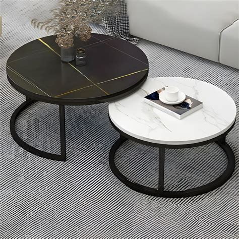 Elegant Stone Coffee Tables Set Modern Style Metal Frame Set Of