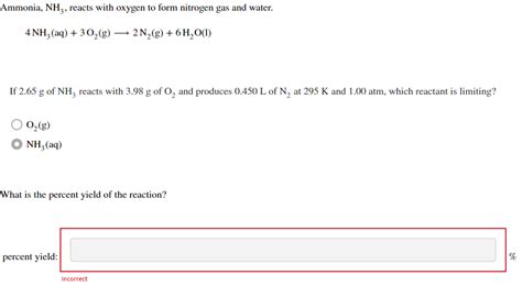 Solved Ammonia Nh3 Reacts With Oxygen To Form Nitrogen Gas