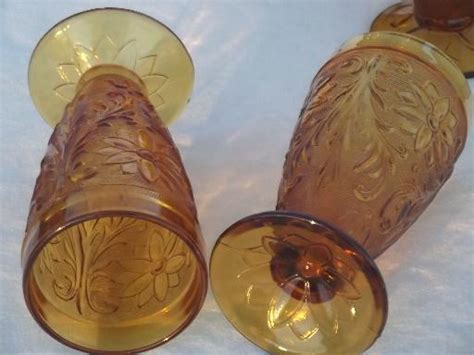 Vintage Tiara Amber Sandwich Glass Iced Tea Glasses 8 Footed Tumblers