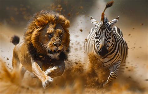 Male Lion Chasing Zebra In The Dust A Lion And Zebra Fighting In The