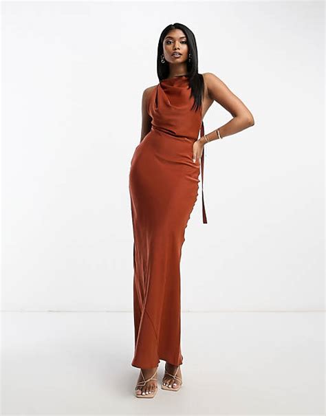 Asos Design Satin Cowl Back Maxi Dress With Buckle Strap Detail In Rust