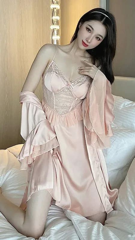 Sexy Women Twinset Robe Set Nightgown Lace Chemise Nightdress Silk