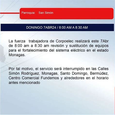 Corpoelec Anuncia Corte Programado Para Este S Bado Y Domingo De