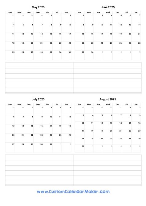 May June July August 2025 Calendar Printable Page Foremost Notable