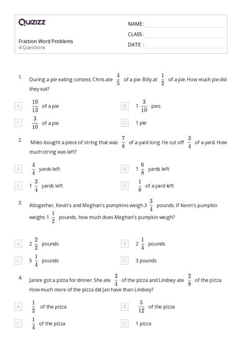 50 Fraction Word Problems Worksheets For 4th Class On Quizizz Free And Printable