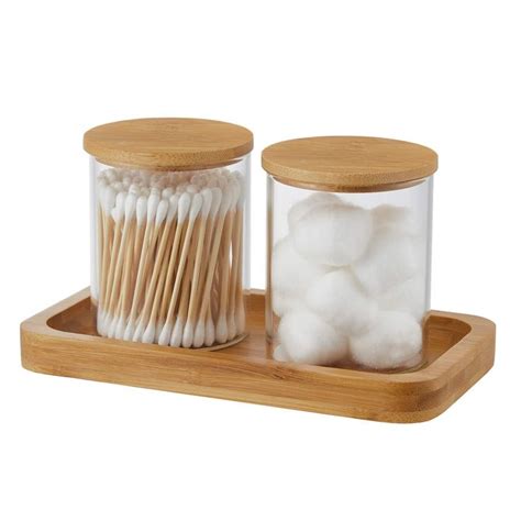 INIUNIK Glass Qtip Holder With Vanity Tray Apothecary Jars Bathroom