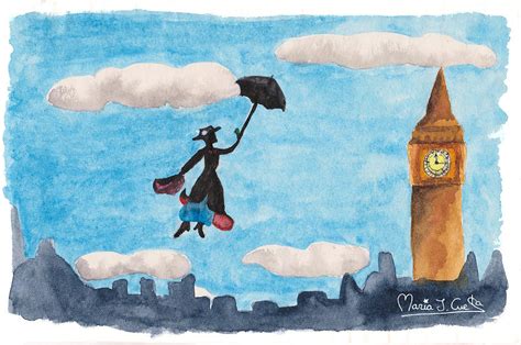 Mary Poppins flying over London Painting by Maria J Cuesta