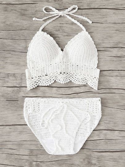 Scalloped Trim Crochet Self Tie Bikini Set Shein Tie Bikini Set Tie