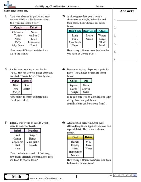 Identifying Combination Amounts Worksheet Download