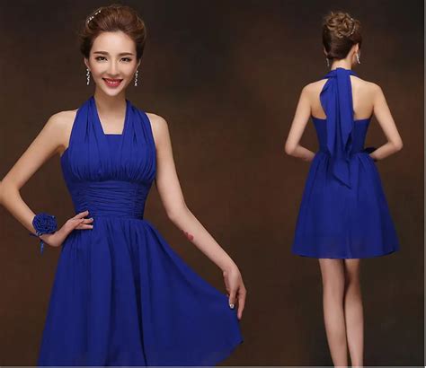 Royal Blue Chiffon Short Bridesmaid Dress With Flower 2019 Knee Length Wedding Party Dresses