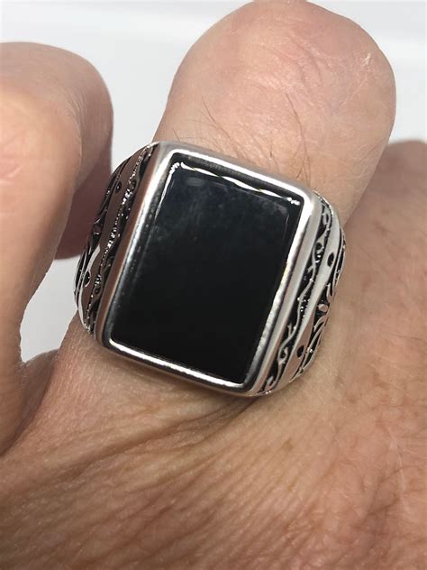 Vintage Onyx Mens Ring Sterling Silver Gothic Genuine Black Onyx