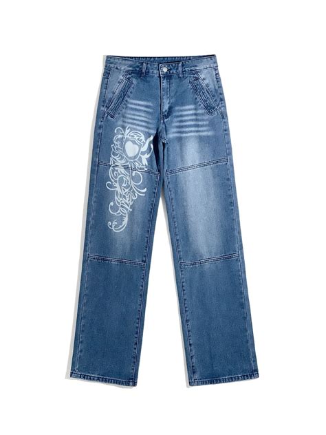 Washed Heart Pattern Cargo Jeans Blue M In Cargo Jeans Online