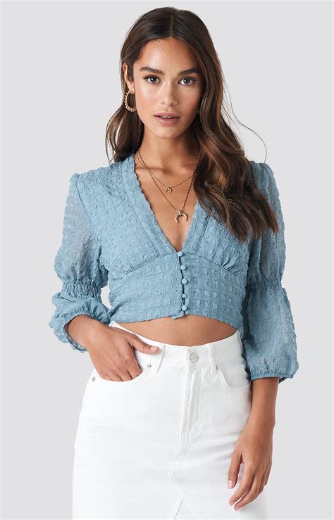 V Shape Flowy Puff Sleeve Blouse Blue Na