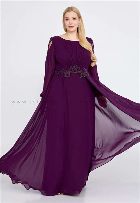 Er E Breeze Long Sleeve Maxi Chiffon Column Plus Size Purple Wedding