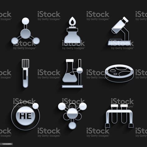 Set Test Tube Flask On Stand Molecule Petri Dish With Bacteria Helium