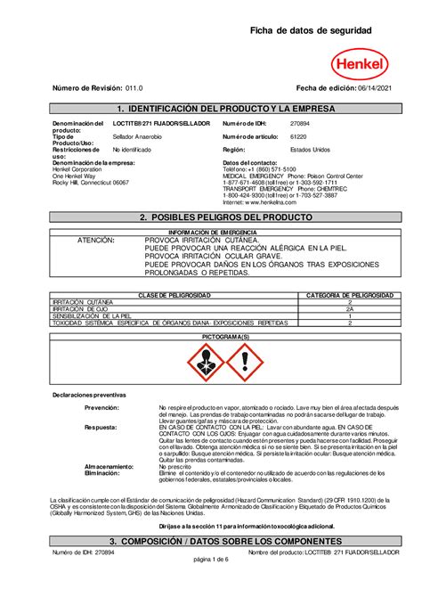 Msds Fijador De Rosca Loctite Ficha De Datos De Seguridad N Mero De