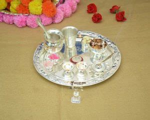 GOLDGIFTIDEAS 10 Inch Subh Sarovar Silver Plated Pooja Thali Set