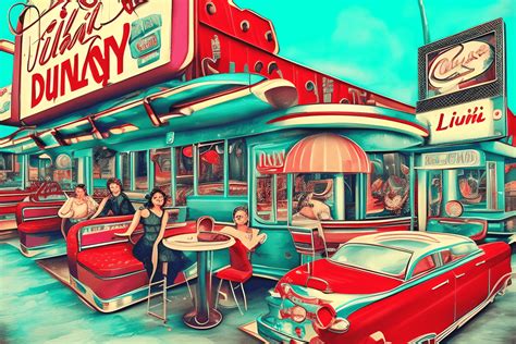 Whimsical Detailed Fantasy 1950s Diner In A Small Town Downtown Street