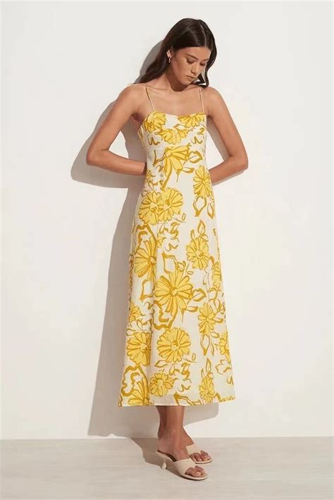 Robe Mi Longue Jaune Imprim E Fleurs Pour Femmes Col Carr Charpe