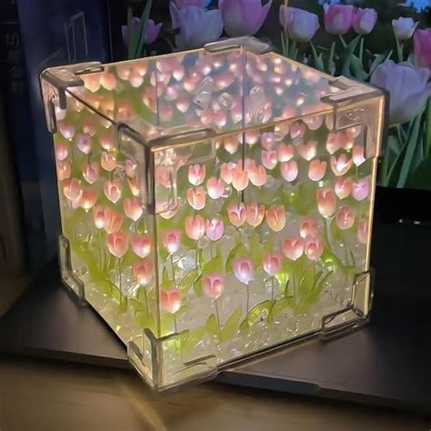 Hrtesus DIY Tulip Cube Mirror Lamp Flower Tulip Lamp Handmade DIY