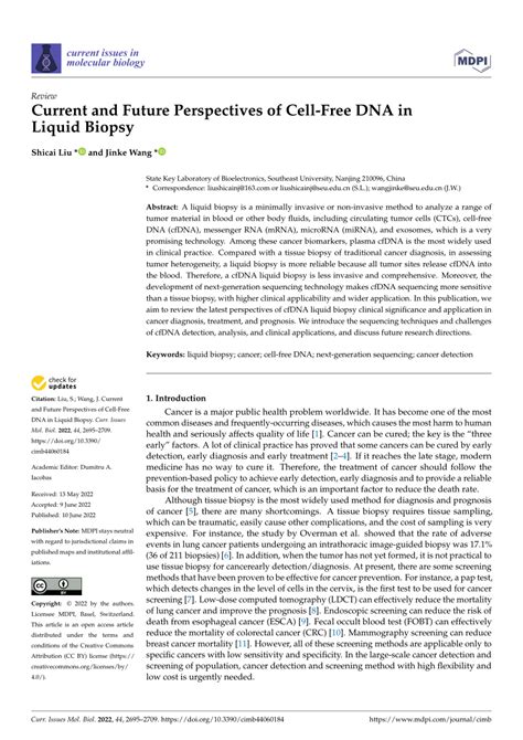 Pdf Current And Future Perspectives Of Cell Free Dna In Liquid Biopsy