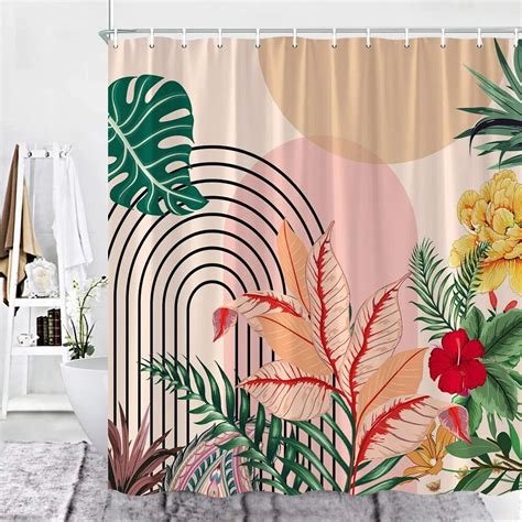 Abstract Shower Curtain Boho Flower Pattern Green Leaf Mid Century